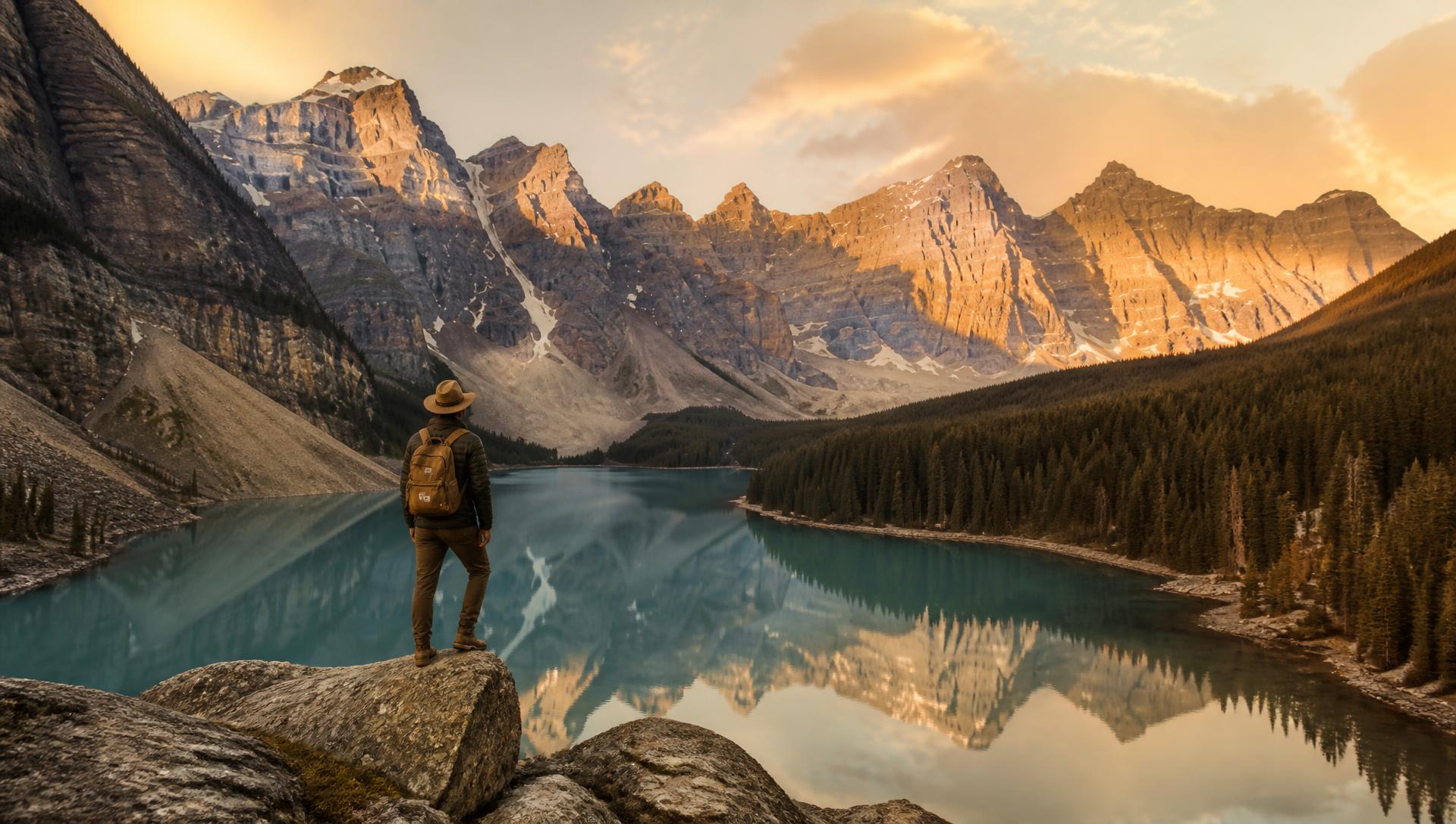 A hiker looking across a turquoise glacial lake toward the Canadian Rockies at sunrise